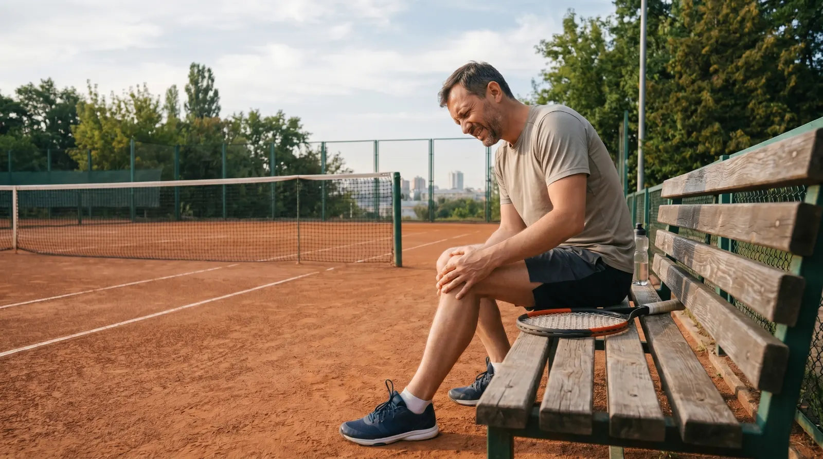 Спортсмен з болем у коліні після тренування на тенісному корті